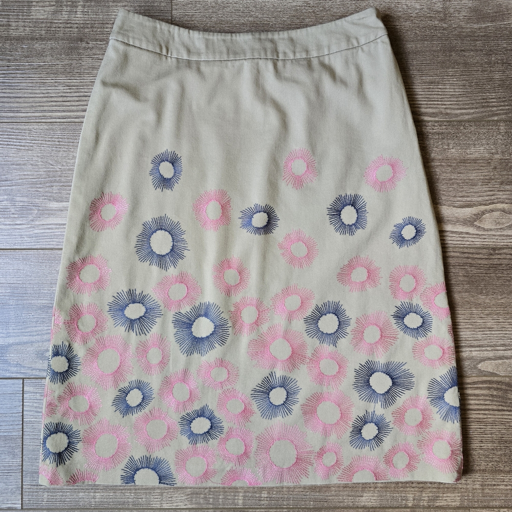 Boden Skirt Womens 6L Khaki Embroidered Flowers Side Zip Cotton Preppy Boho